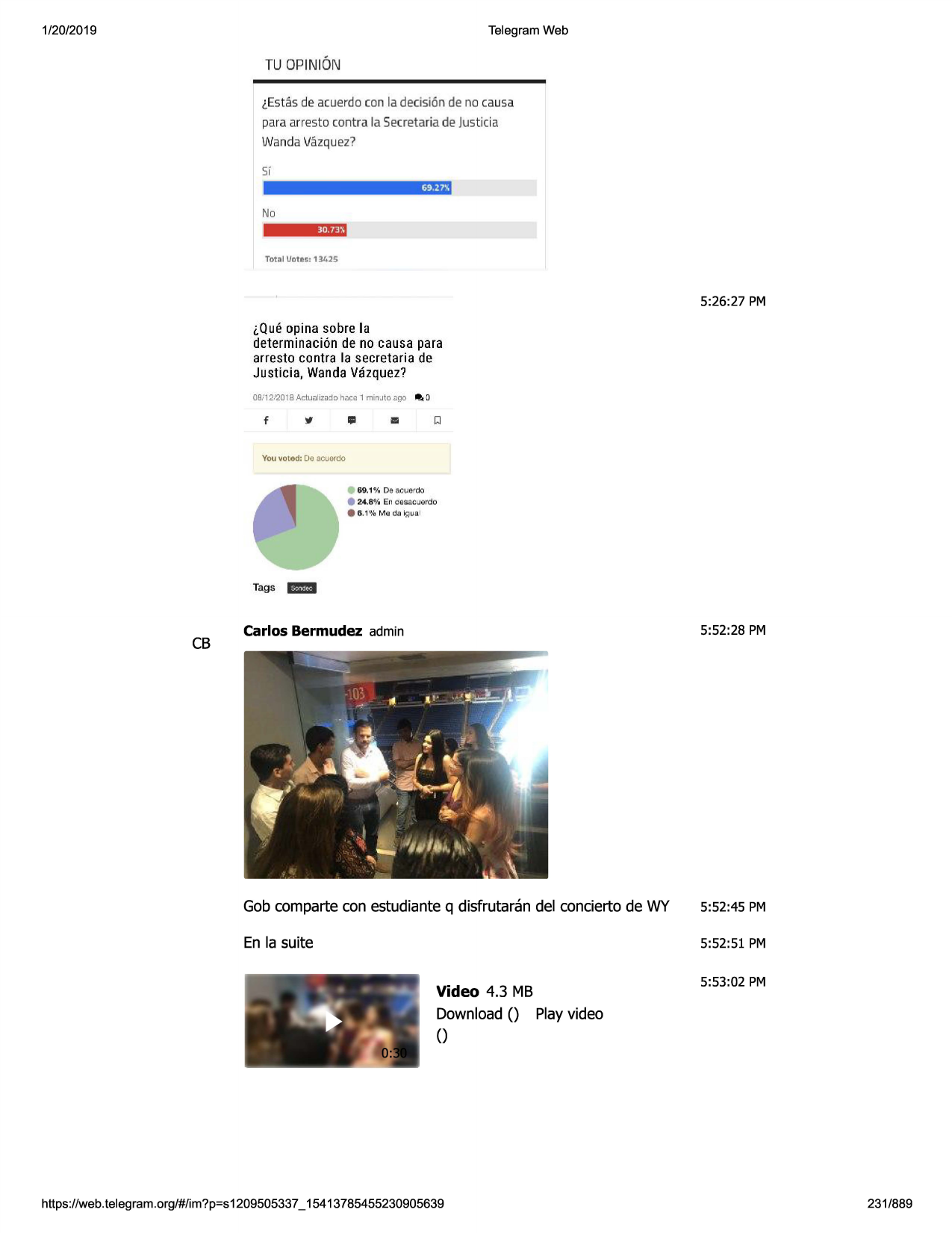 1/20/2019

telegram web

tu opinion
lestasde acuerdo con la decision de no causa
para arresto contra la secretariade justicia
wanda vazquez?
51
69,2?½

no
30 . 73".i

totill vote!i: 13425

5:26:27 pm
lq ueopina sobre

la

determinaci6n de no causa para
arresto contra la secretaria de

justicia, wandavazquez?
08/ 1212018 actucllizado hc1co1 minjto .1go ~ o

'i

"

ill

you voted: de acuerdo

69.1% de acue---do
•

24.8 % en ct:!si:!.ci.jtl
rdo

e 6.1 % mada

tags

cb

i9ua.l

1!1111

carlos bermudez admin

5:52:28 pm

gob comparte con estudiante q disfrutaran del concierto de wy

5:52:45 pm

en la suite

5:52:51 pm

video 4.3 mb
download () playvideo
()

https ://web .telegram .org/#/im?p=s1209505337 _ 15413785455230905639

5:53:02 pm

231/889

