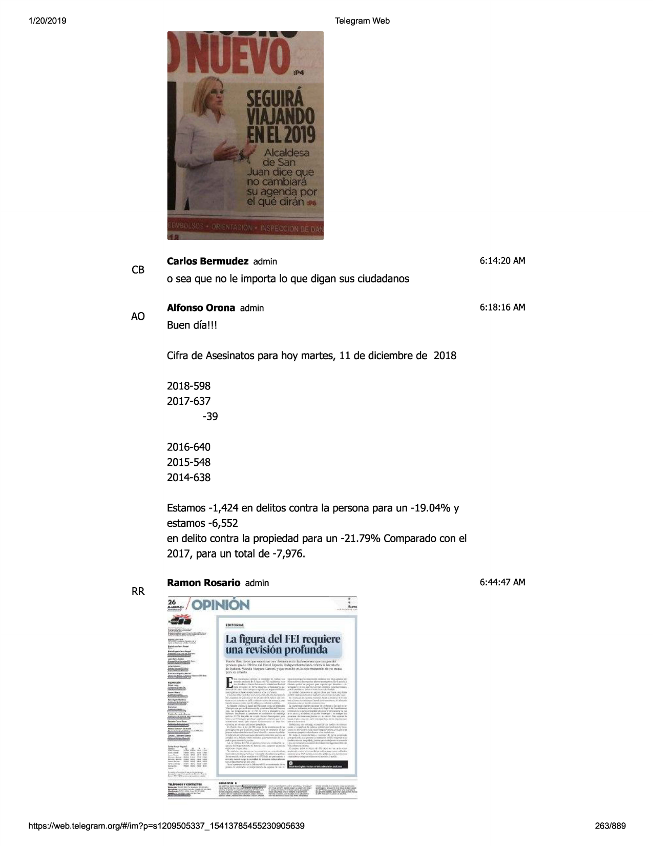 1/20/2019

telegram web

cb

ao

carlos bermudez admin

6:14:20 am

o sea que no le importa lo que digan sus ciudadanos
alfonso orona admin

6:18:16 am

buen dfa!!!
cifra de asesinatospara hoy martes, 11 de diciembre de 2018
2018-598
2017-637
-39
2016-640
2015-548
2014-638
estamos-1,424 en delitos contra la persona para un -19.04% y
estamos -6,552
en delito contra la propiedad para un -21.79% comparadocon el
2017, para un total de -7,976.

rr

6:44:47 am

ramon rosario admin

~ /opimion
~

....,,

~;;,.

~

tt'.-yirs-

la fi.c,'llra
del feire<~iere

~ ~

iru-•..,l>m-hlroli:oc..l~hdor,,~.a.lln\,i112nllw-..tl

•f:s

..

-•-

una revisionprofw1da
k-:,~
----·
•-r..............
,.......
~-•r

'i.~~ .... ,., • .,.,,.,.. ....-r, ~

:kjo..ds:aw.nl11t11:e-,r;:11~'1~na.lcl~•«"sl'laoc::u:.dli:raiau.
p:nc,-

~

--·
;.

::~--

https ://web .telegram .org/#/im?p=s1209505337 _ 15413785455230905639

263/889

