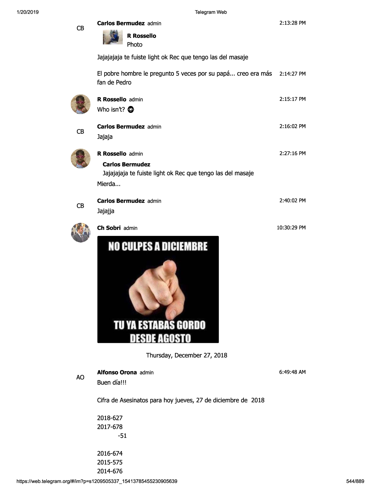 1/20/2019

telegram web

cb

carlos bermudez admin

2:13:28 pm

r rossello

photo
jajajajaja te fuiste light ok recque tengo las del masaje
el pobre hombre le pregunto 5 veces por su papa... creo era mas
fan de pedro

2:14:27 pm

r rossello admin

2:15:17 pm

who isn't? 0
cb

carlos bermudez admin

2:16:02 pm

jajaja
r rossello admin

2:27:16 pm

carlos bermudez

jajajajaja te fuiste light ok rec que tengo las del masaje
mierda...

cb

carlos bermudez admin

2:40:02 pm

jajajja
ch sobri admin

10:30:29 pm

noculpes
adiciembre

tuyaestabas
gordo
desdeagosto
thursday, december27, 2018

ao

alfonso orona admin

6:49:48am

buen dfa!!!
cifra de asesinatospara hoy jueves, 27 de diciembre de 2018
2018-627
2017-678
-51
2016-674
2015-575
2014-676

https ://web .telegram .org/#/im?p=s1209505337 _ 15413785455230905639

544/889

