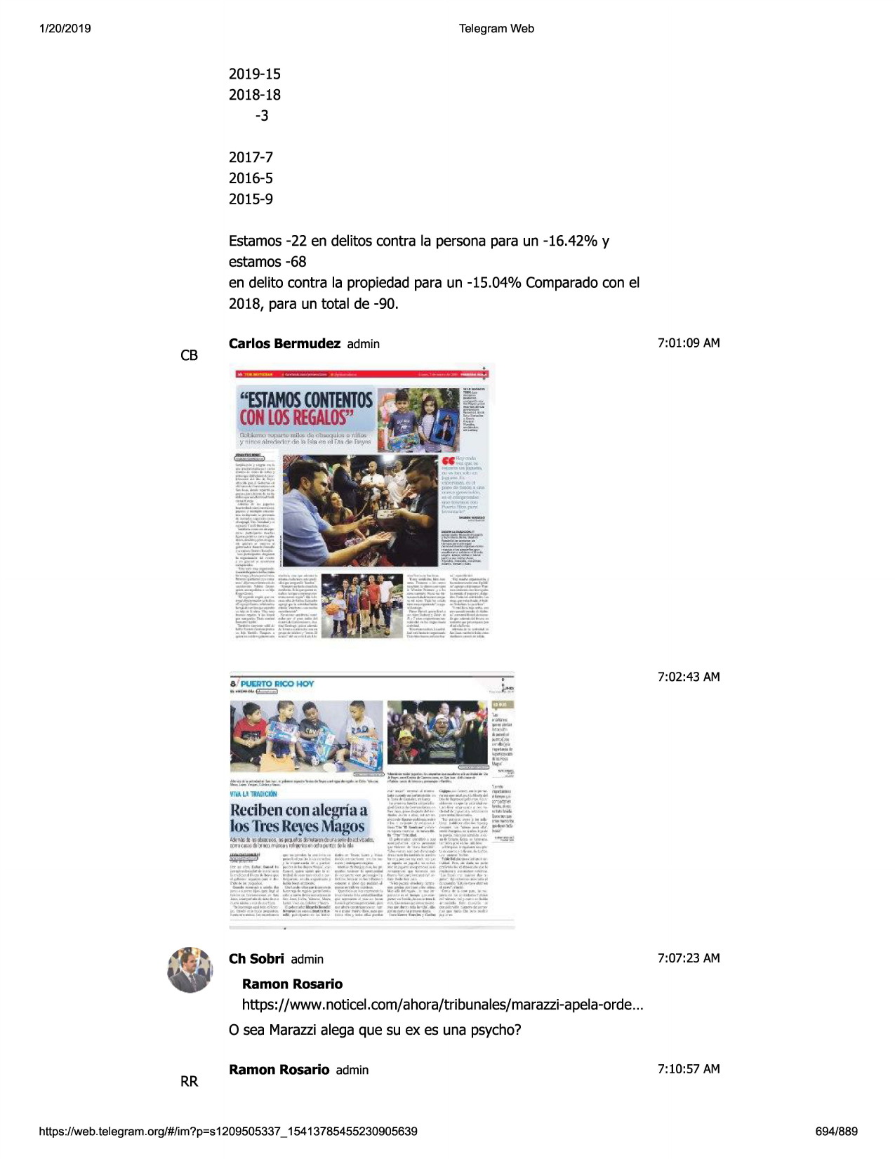 1/20/2019

telegram web

2019-15
2018-18

-3
2017-7
2016-5
2015-9

estamos-22 en delitos contra la personapara un -16.42% y
estamos-68
en delito contra la propiedadpara un -15.04% comparadocon el
2018, para un total de -90.

cb

7:01:09 am

carlos bermudez admin

"estamos
contentos
con
los
regalos"
d.:al.-..:.i!"{w~(i:.il,.:;.dii<;'.1~~..r..

'.11'1h1n".:'11~br-tlm

i1j".1ruc.

i$ rll.'.::i+·111:lt.1hri+, f,,_.~

--~=

&.'pije9toricohoy

7:02:43 am
,_j:,:i

;:ell

....
-·-·
la

~

11,t;i,,r>•

wa«.~

recibencon.aleg11a
a

1~ tresreyesmagos
fjn.t.ii t.bs.,;s. ~~n.t;u»l'lt)ill'uf!m'tn:t~
b1ft~dll'.ia»n".=:tc),~l,'t~~!);tr)w
~lfilit'

ch sobri admin

7:07:23 am

ramon rosario

https://www.noticel.com/ahora/tribunales/marazzi-apela-orde
...
0 sea marazzialega que su ex es una psycho?

rr

ramon rosario admin

https ://web .telegram .org/#/im?p=s1209505337 _ 15413785455230905639

7:10:57 am

694/889

