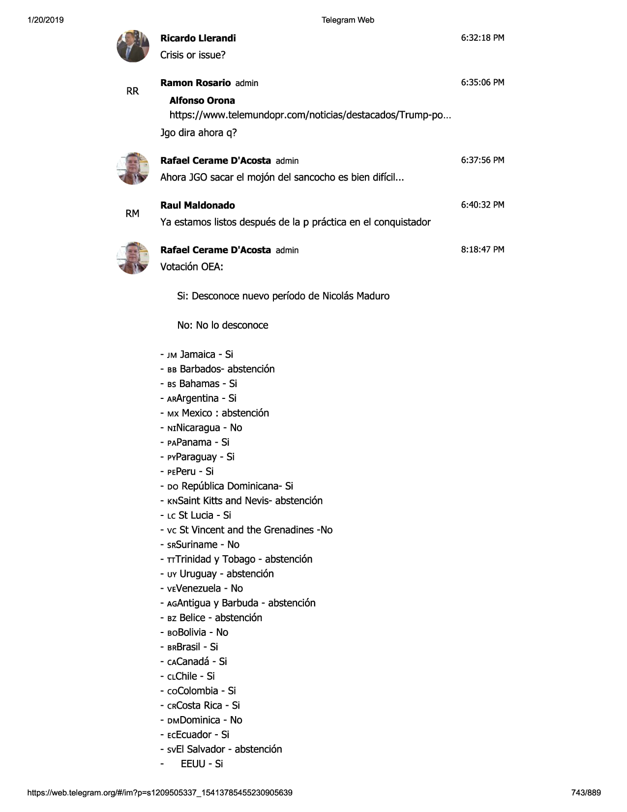 1/20/2019

telegram web

ricardo llerandi

6:32:18 pm

crisisor issue?

rr

ramon rosario admin

6:35:06 pm

alfonso orona

https://www.telemundopr.com/noticias/destacados/trump-po
...
jgo dira ahora q?
rafael cerame d'acosta admin

6:37:56 pm

ahora jgosacarel moj6n del sancochoes bien diffcil...

rm

raul maldonado

6:40:32 pm

ya estamos listos despuesde la p practicaen el conquistador
rafael cerame d'acosta admin

8:18:47 pm

votaci6noea:
si: desconocenuevo perfodode nicolasmaduro
no: no lo desconoce
- jmjamaica- si
- bbbarbados-abstenci6n
- bsbahamas- si
- arargentina- si
- mxmexico : abstenci6n
- ninicaragua- no
- papanama
- si
- pvparaguay- si
- peperu- si
- oo republicadominicana-si
- knsaintkitts and nevis-abstenci6n
- lest lucia - si
- vc st vincent and the grenadines-no
- srsuriname- no
- ntrinidad y tobago - abstenci6n
- uv uruguay- abstenci6n
- vevenezuela- no
- agantiguay barbuda- abstenci6n
- bzbelice- abstenci6n
- bobolivia- no
- brbrasil- si
- cacanada
- si
- clchile- si
- cocolombia- si
- crcostarica- si
- omdominica- no
- ececuador- si
- sveisalvador- abstenci6n
eeuu- si
https ://web .telegram .org/#/im?p=s1209505337 _ 15413785455230905639

743/889

