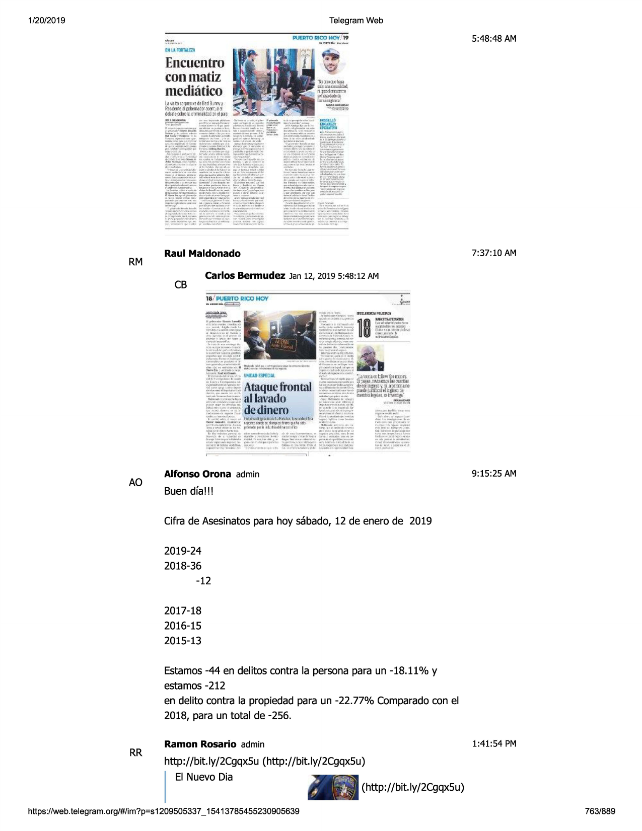 1/20/2019

telegram web
~oll!cohov
a-it.i.

encuentro
conmatiz

.'19

5:48:48 am

•-

~~:~

mediatico

---.,,..,.w,
ritt,!dlffl~

r:m~c~

·

~

rm

7:37:10 am

raul maldonado
carlos bermudez jan 12, 2019 5:48:12 am

cb
111/ 11u"11viiiicqhoy

•-""'-~

ao

alfonso orona admin

9:15:25 am

buen dfa!!!
cifra de asesinatos para hoy sabado, 12 de enero de 2019

2019-24
2018-36
-12
2017-18
2016-15
2015-13
estamos -44 en delitos contra la persona para un -18.11 % y
estamos -212
en delito contra la propiedad para un -22.77% comparado con el
2018, para un total de -256.

rr

ramon rosario admin

http://bit.ly/2cgqx5u

i

1:41:54 pm

(http://bit.ly/2cgqx5u)

el nuevo dia

https ://web .telegram .org/#/im?p=s1209505337 _ 15413785455230905639

(http://bit.ly/2cgqx5u)
763/889


